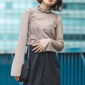 Uniqlo Mame Kurogouchi Women Mesh High Neck Long Sleeve T-Shirt Brown